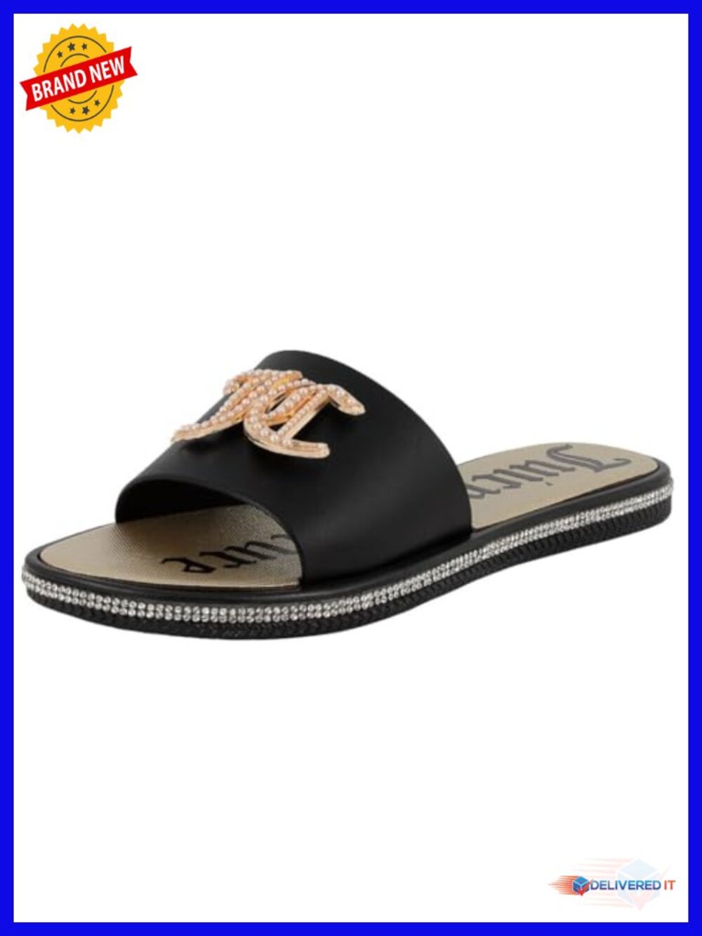 Rhinestone Slide Sandals - Sparkle Bling Open Toe Flat Summer Shoes